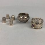 A TWO CHARLES HORNER SILVER THIMBLES, ALONG WITH OTHER SILVER AND PLATE