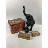 A CARVED FIGURE OF AN ELEPHANT, ALONG THREE BOXES AND OTHER VINTAGE ITEMS