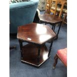 A PAIR OF MAHOGANY HEXAGONAL OCCASIONAL TABLES, A FOOTSTOOL AND ANOTHER TABLE