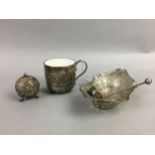 A VICTORIAN SILVER CUP, ALONG WITH FLATWARE