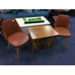 A RETRO NEST OF FIVE TABLES AND TWO RETRO BENCHAIRS DINING CHAIRS