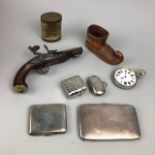 A SILVER CIGARETTE CASE, ALONG WITH OTHER ITEMS INCLUDING SNUFF BOXES