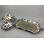 A VICTORIAN SILVER PLATED RECTANGULAR TRAY AND OTHER PLATED WARE
