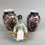 TWO JAPANESE IMARI VASES AND A FIGURE