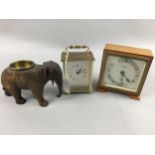 AN ELLIOTT MANTEL CLOCK IN OAK CASE, A CARRIAGE CLOCK AND OTHER OBJECTS