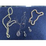 A LOT OF TWO FAUX PEARL NECKLACES, BRACELET AND VARIOUS GEM SET ITEMS