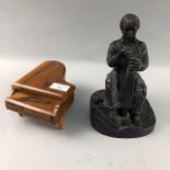 AN OLIVE WOOD JEWELLERY BOX AND A BORNZED RESIN FIGURE