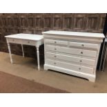 A WHITE PAINTED DRESSING CHEST, CHEST OF DRAWERS AND TWO BEDSIDE CHESTS