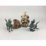 A CHINESE SOAPSTONE BRUSH STAND, ANOTHER SOAPSTONE CARVING AND TWO HORSES
