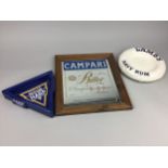 A CAMPARI ADVERTISING MIRROR, BRANDED ASHTRAYS AND DRINKS POURERS
