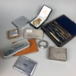 A PLATED CIGARETTE CASE, POCKET WATCH, INSTRUMENTS AND OTHER ITEMS