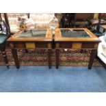 A PAIR OF STAINED WOOD SQUARE OCCASIONAL TABLES