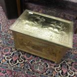 A BRASS COAL BOX, OAK CASKET, FIGURES AND OTHER ITEMS