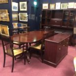 A MAHOGANY CAXTON DISPLAY UNIT, A DINING TABLE, SIX CHAIRS AND A SIDEBOARD