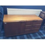 A TEAK LOW CUPBOARD CHEST AND AN OAK SIDE TABLE