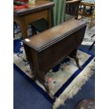 A MAHOGANY DROP LEAF TABLE AND AN INLAID MAHOGANY TURNOVER CARD TABLE