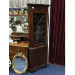 A MAHOGANY CORNER DISPLAY CABINET