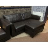 A BROWN LEATHER THREE SEATER SETTEE, A TWO SEATER AND A POUFFE
