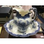 A VICTORIAN BLUE AND WHITE WASH BASIN AND EWER