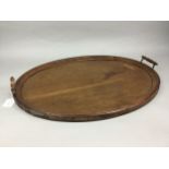 AN OAK TEA TRAY, A SILVER PLATER TRAY AND ANOTHER