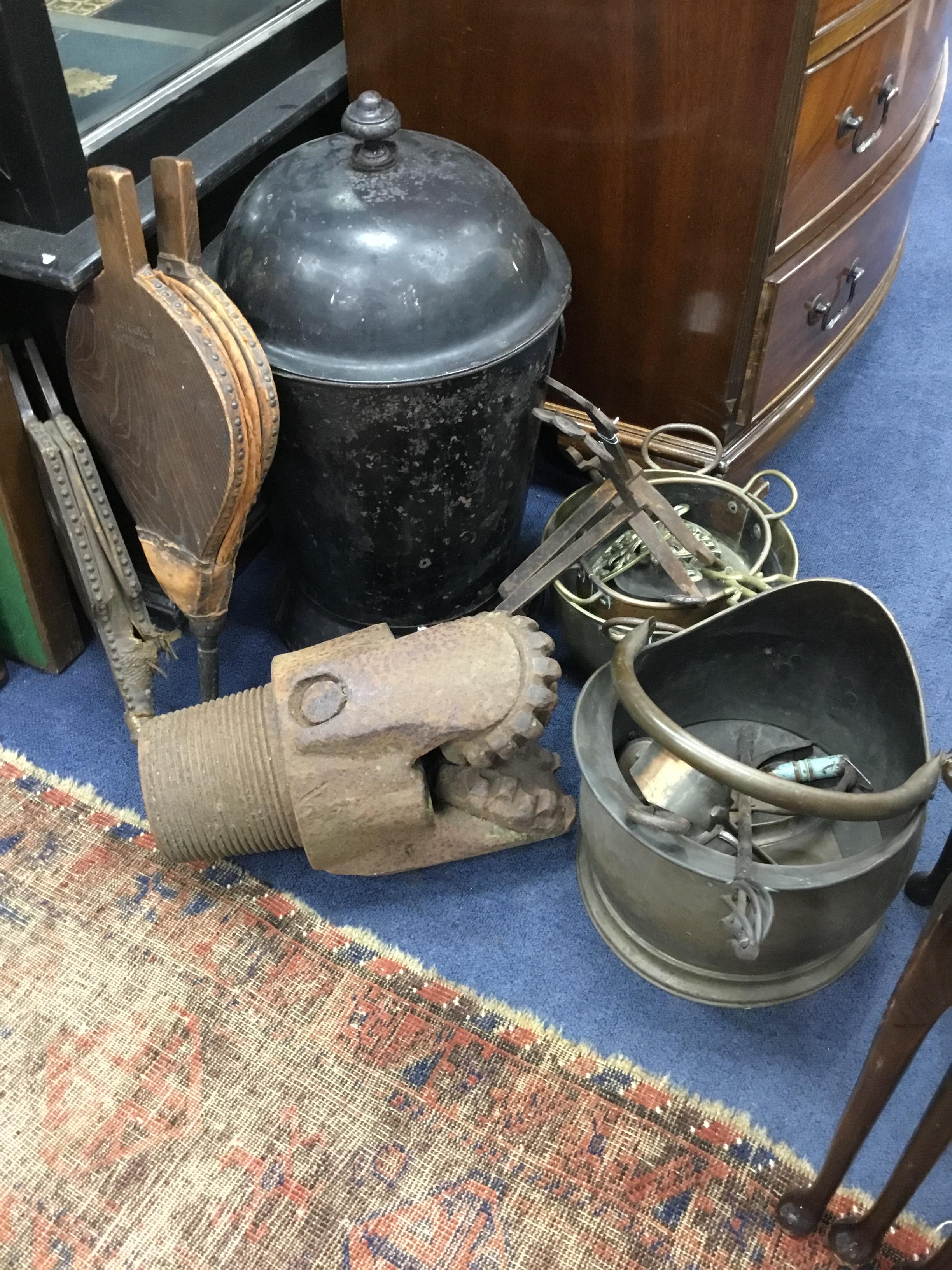 A VICTORIAN LACQUERED METAL COAL BIN WITH LID, IRONS, DEPOT AND METAL WARE