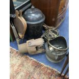 A VICTORIAN LACQUERED METAL COAL BIN WITH LID, IRONS, DEPOT AND METAL WARE