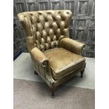 A PAIR OF BROWN LEATHER WINGBACK ARMCHAIRS