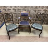 AN EDWARDIAN INLAID ELBOW CHAIR AND A PAIR OF INLAID SIDE CHAIRS