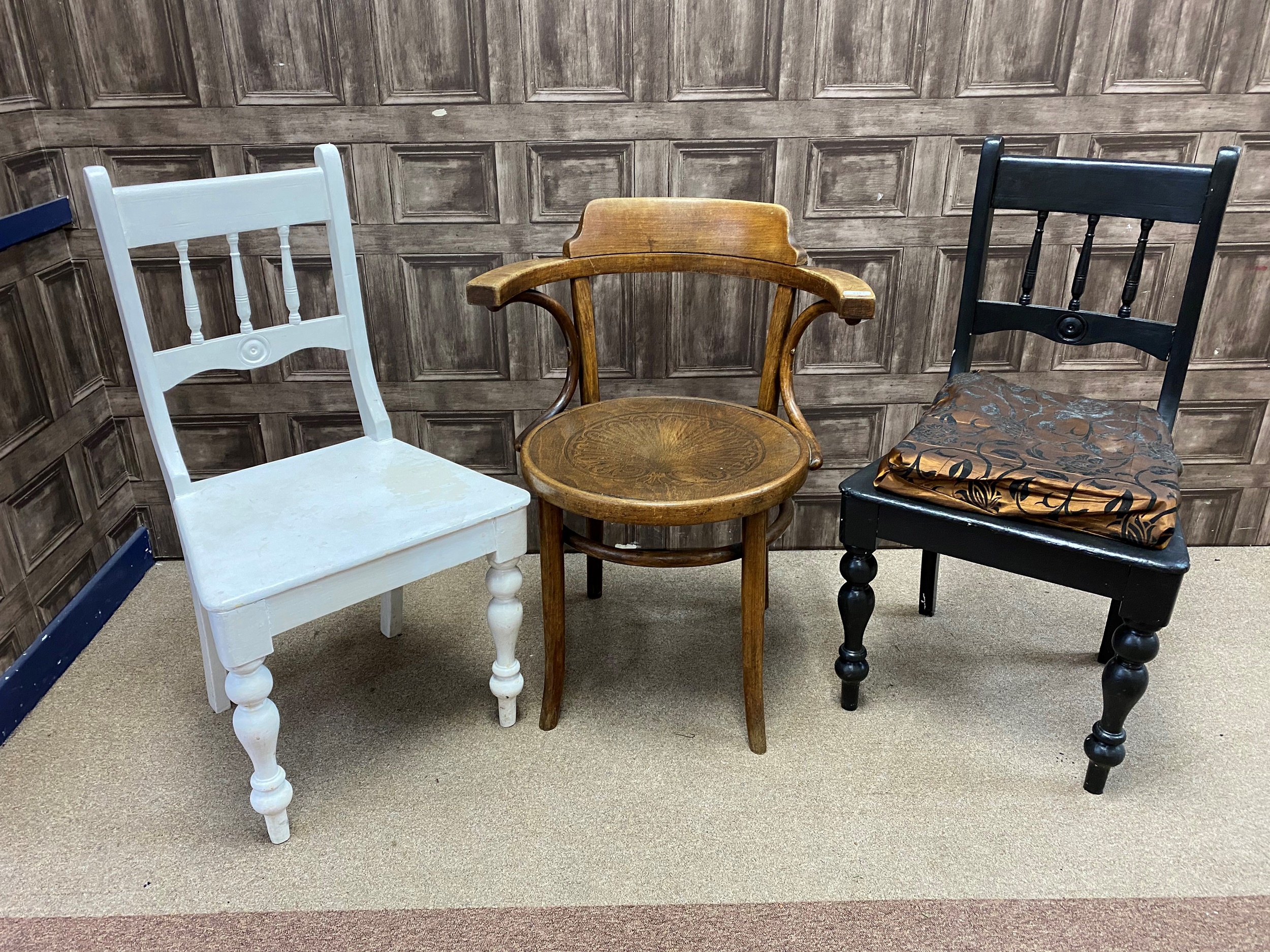 A BENTWOOD BUSINESS ELBOW CHAIR AND TWO OTHER CHAIRS