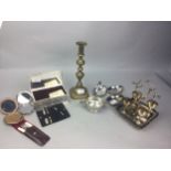A LOT OF SILVER PLATED, PEWTER AND BRASS ITEMS