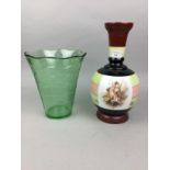 AN OPAQUE GLASS VASE, GREEN GLASS VASE, DISHES AND A GLASS DOG