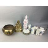 A JAPANESE EGG SHELL TEA SERVICE, A BRASS BUDDHA, A BRASS BOWL, A GLASS DEITY AND A GLASS BOWL