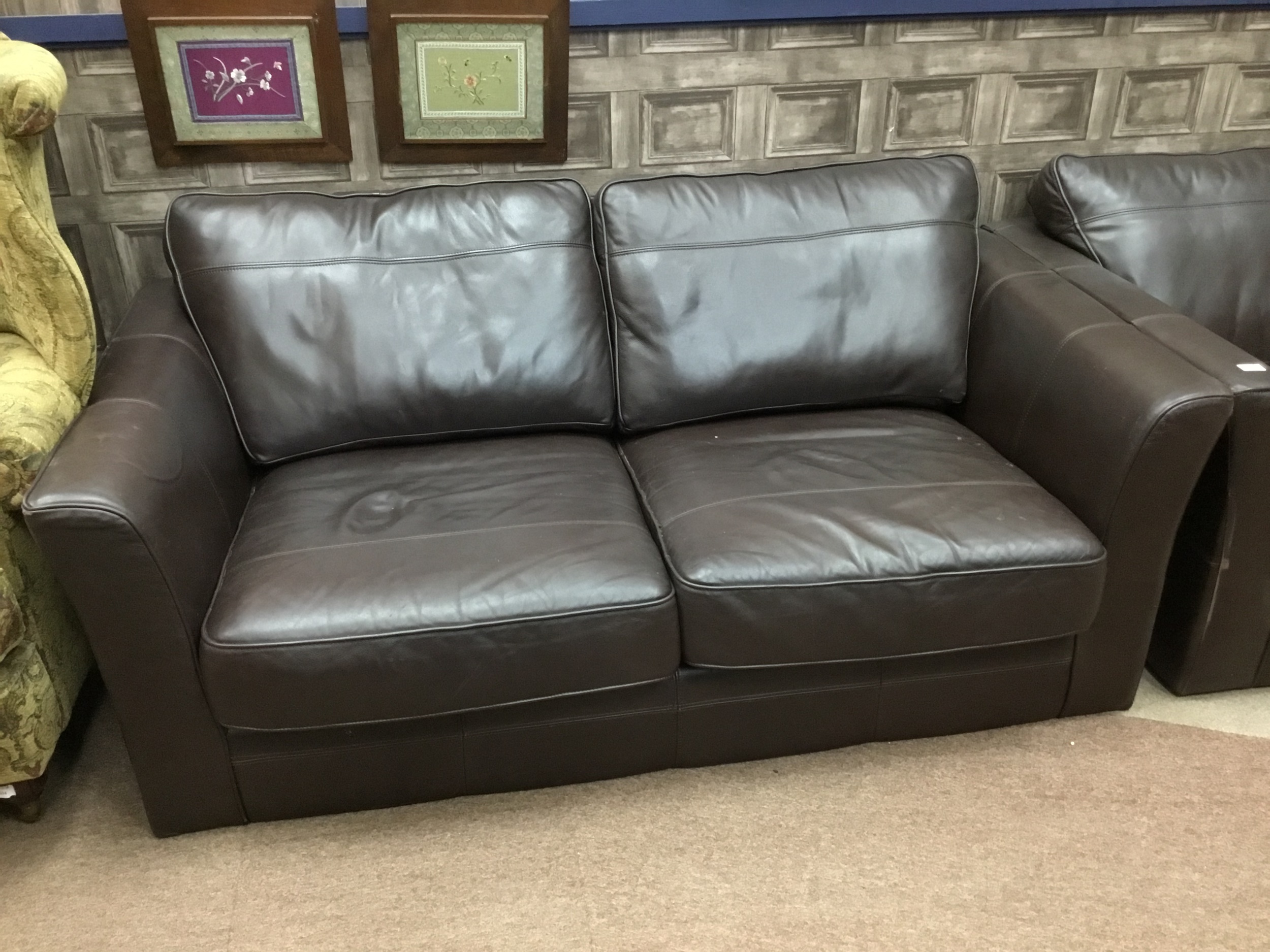 A BROWN LEATHER THREE SEATER SETTEE, A TWO SEATER AND A POUFFE - Image 2 of 2