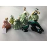 A LOT OF FIVE ROYAL DOULTON FIGURES OF LADIES AND A DOLHPIN