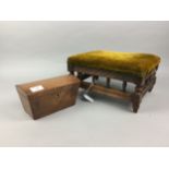 A SMALL FOOTSTOOL AND A MAHOGANY TEA CADDY