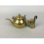 A BRASS TEA POT OF SMALL PROPORTIONS AND A BRASS POT