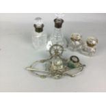 A LOT OF TWO SILVER MOUNTED CUT GLASS DECANTERS, INKWELLS AND MATCH STRIKER