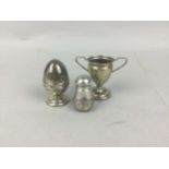 A SILVER PRIZE CUP AND TWO CRUETS