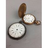 A SILVER POCKET WATCH AND A GOLD PLATED POCKET WATCH