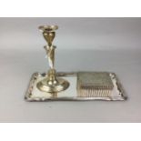 A SILVER TABLE CANDLESTICK, CASKET AND TRAY