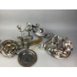 A WALKER & HALL THREE PIECE SILVER PLATED TEA SERVICE AND TWO TRAYS