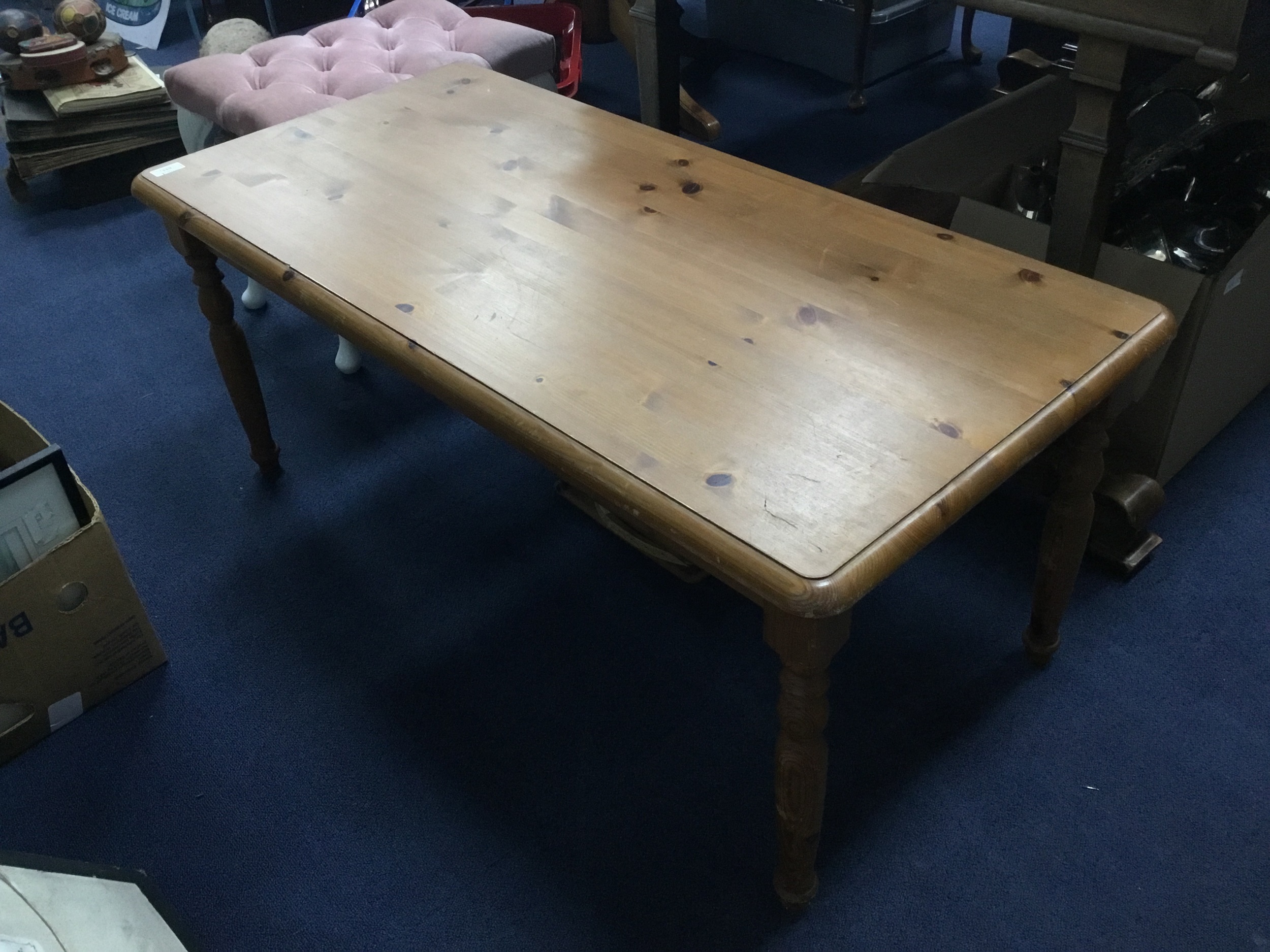 A MODERN PINE COFFEE TABLE AND AN UPHOLSTERED WHITE PAINTED DRESSING STOOL