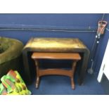 A STAINED WOOD SIDE TABLE AND A MODERN TEA TABLE