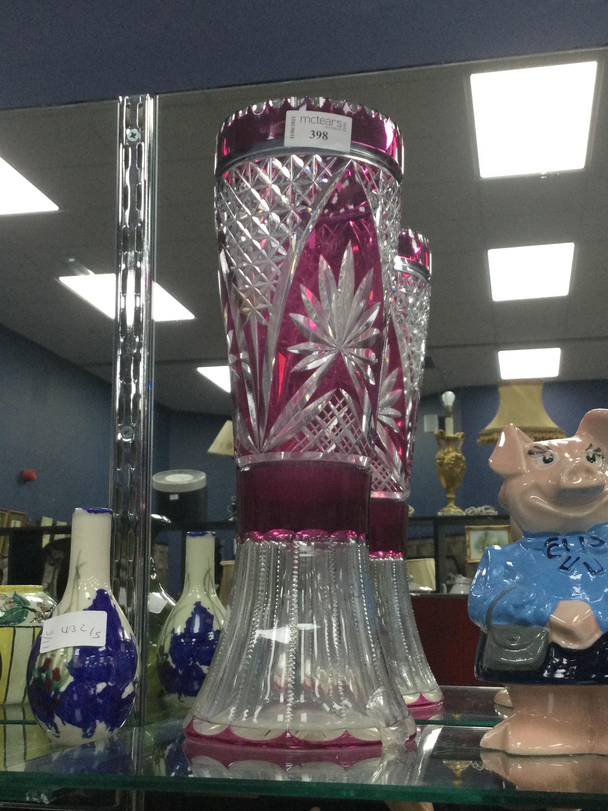 A BOHEMIAN CRANBERRY FLASHED GLASS VASE AND OTHER COLOURED GLASS