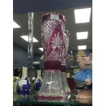 A BOHEMIAN CRANBERRY FLASHED GLASS VASE AND OTHER COLOURED GLASS