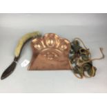 A GROUP OF BRASS COW BELLS AND A COPPER CRUMB TRAY AND BRUSH