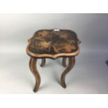 AN EARLY 20TH CENTURY POKERWORK STOOL, ALONG WITH A FIRESCREEN