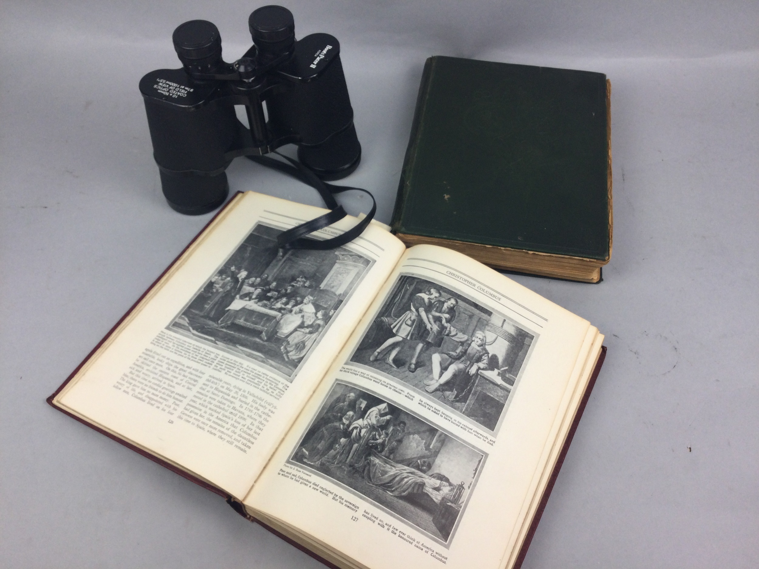 A LOT OF FIVE VOLUMES AND A CASED PAIR OF BINOCULARS