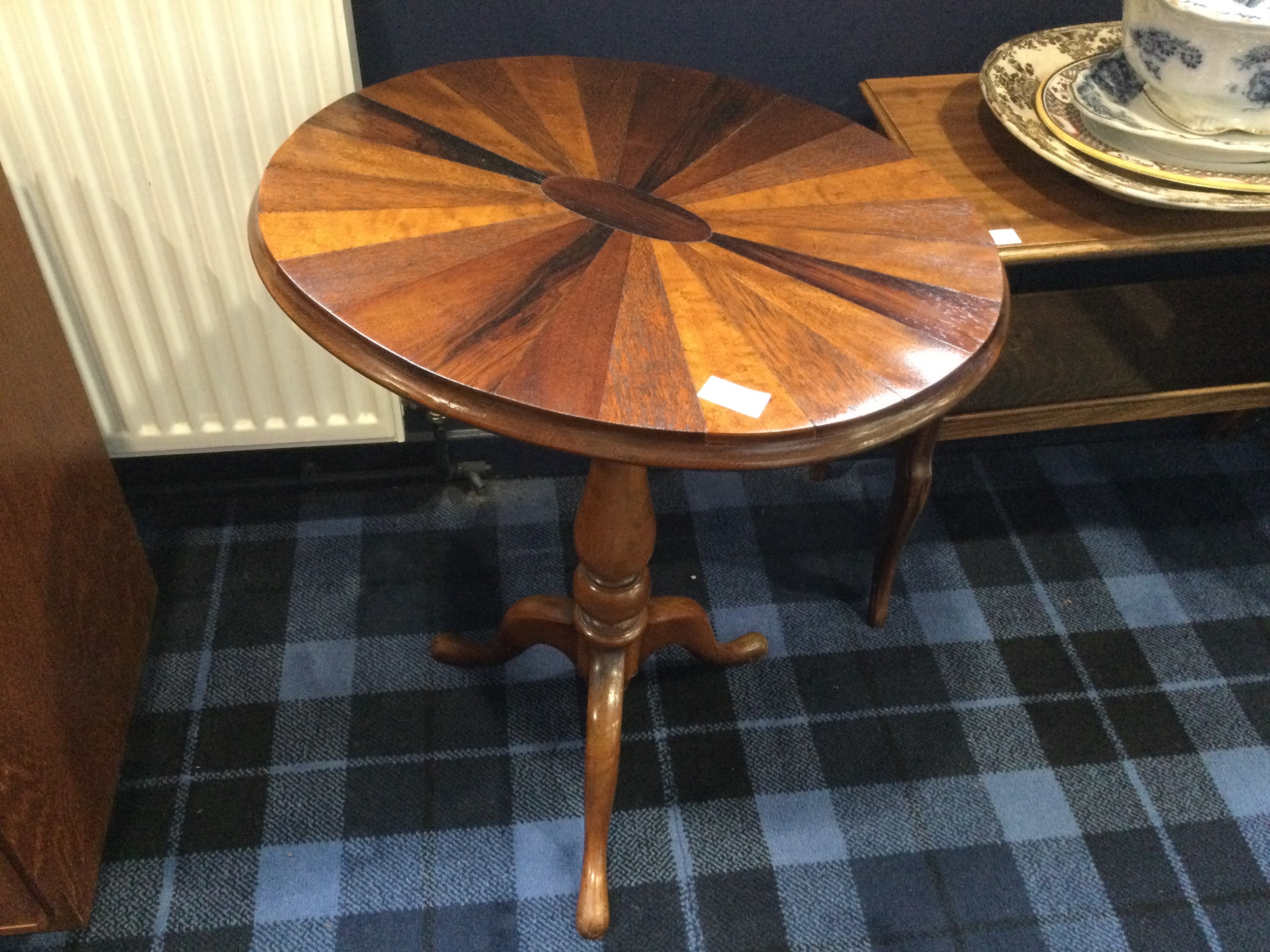 A WALNUT AND PARQUETRY OCCASIONAL TABLE AND ANOTHER