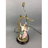 CAPODIMONTE FIGURAL TABLE LAMP, ANOTHER TABLE LAMP, A NUT DISH AND A FIGURE OF A DOG